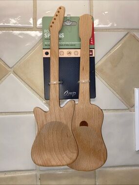 Kikkerland  “Rockin Spoons" Guitar Salad Servers Wooden Spoons NWT